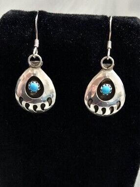 Native American Navajo Sterling Silver Bear Paw Turquoise Dangle Earrings